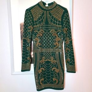 Dress - Gold Embellished Lonsleeve Mock Neck Open Back Midi Dress